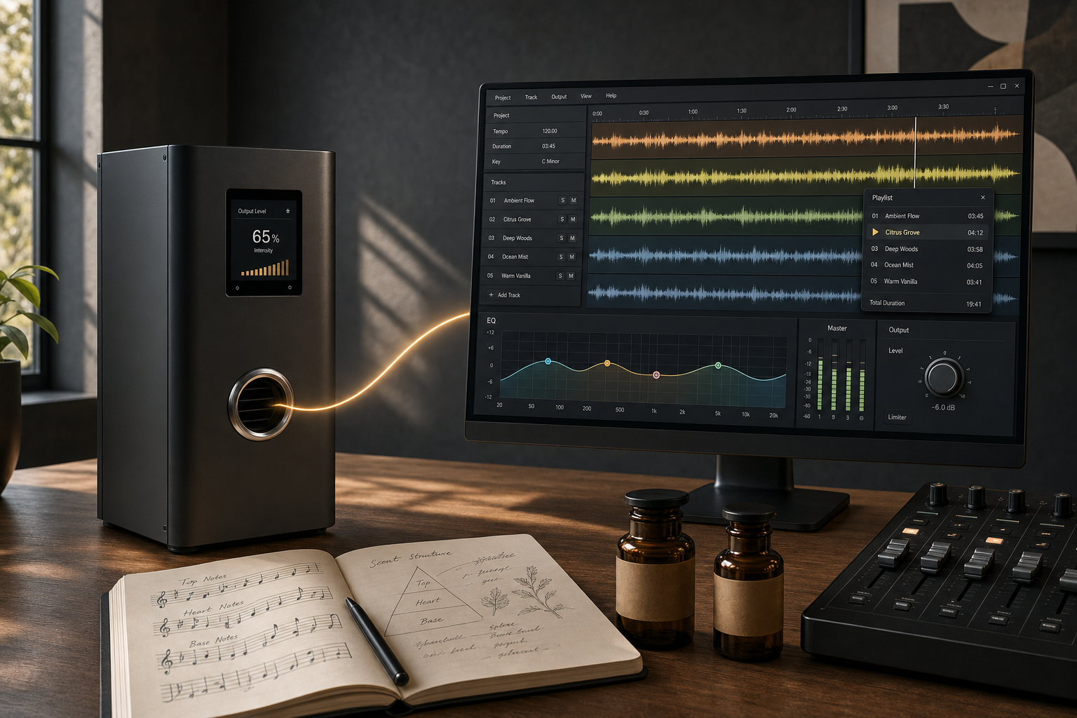 Sound designer at a workstation building a custom restaurant sensory program