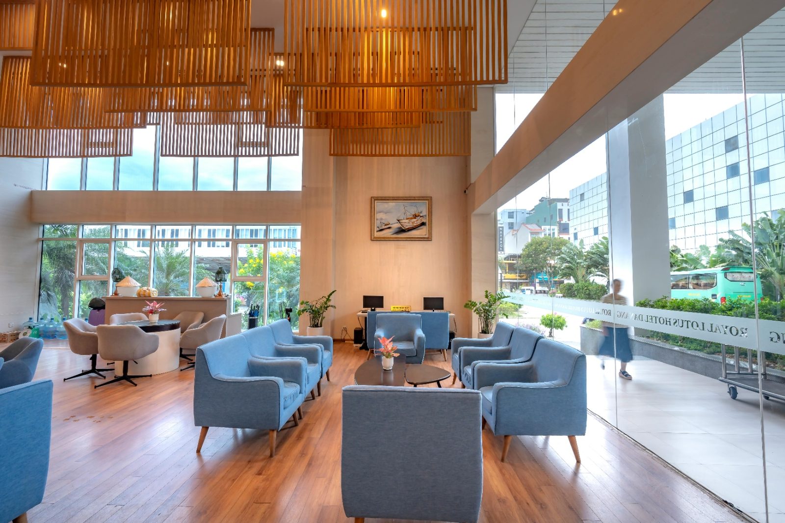 Luxury hotel lobby at golden hour